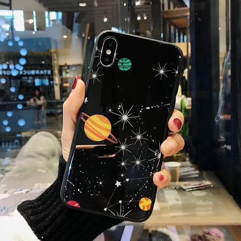 USLION Glossy Space Planet Stars Phone Case For iPhone X XR XS Max Glass Hard Back Cover For iPhone 8 7 6 6s Plus Cases Coque
