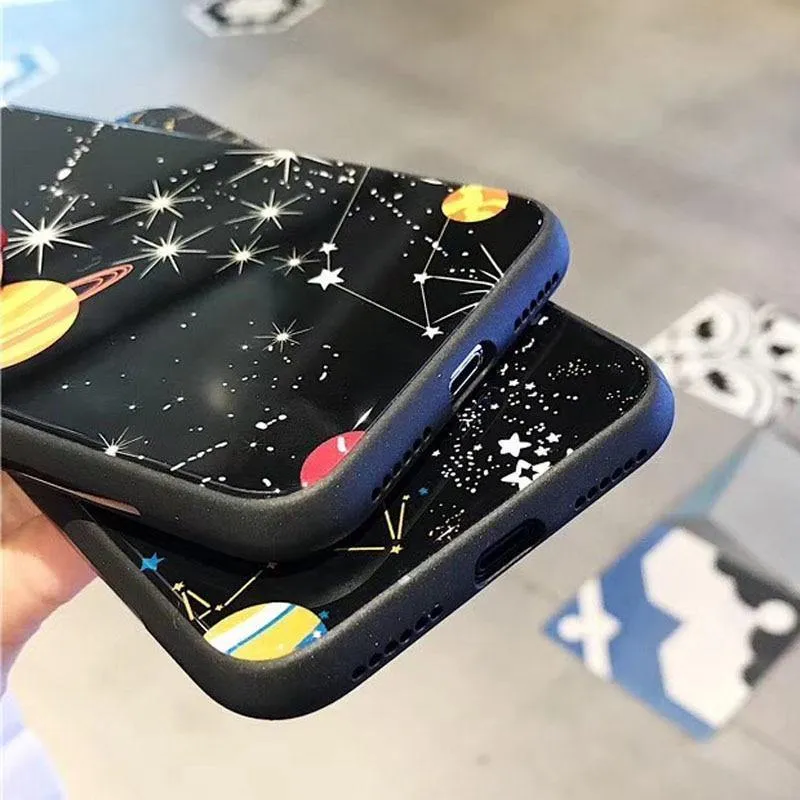 USLION Glossy Space Planet Stars Phone Case For iPhone X XR XS Max Glass Hard Back Cover For iPhone 8 7 6 6s Plus Cases Coque