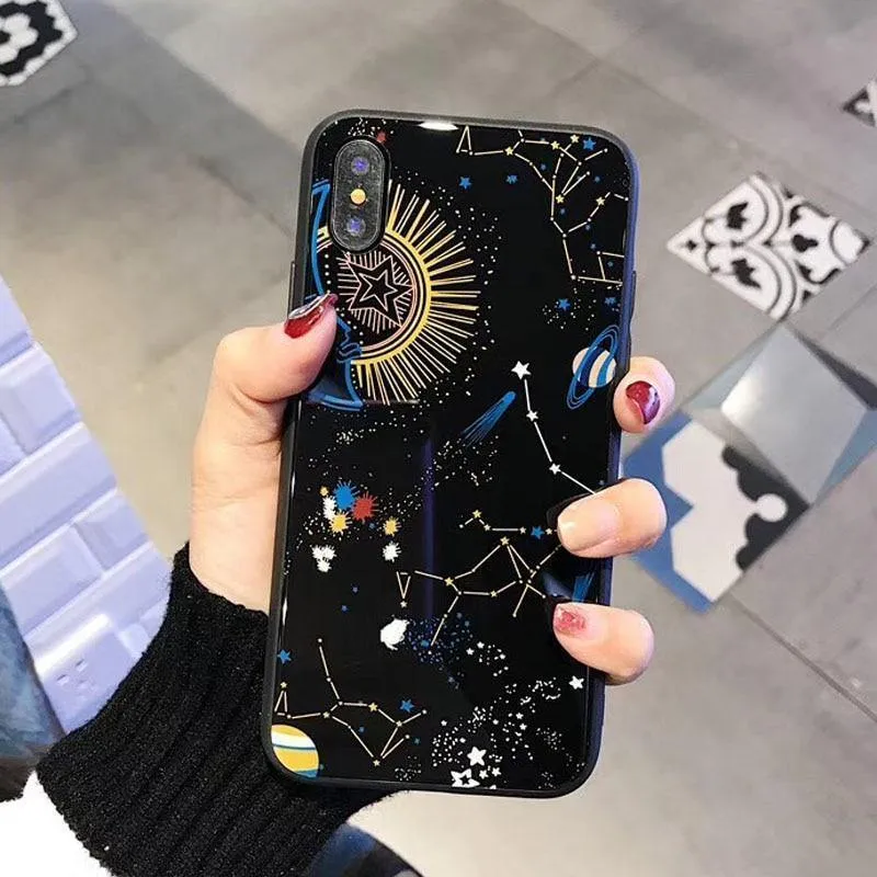 USLION Glossy Space Planet Stars Phone Case For iPhone X XR XS Max Glass Hard Back Cover For iPhone 8 7 6 6s Plus Cases Coque