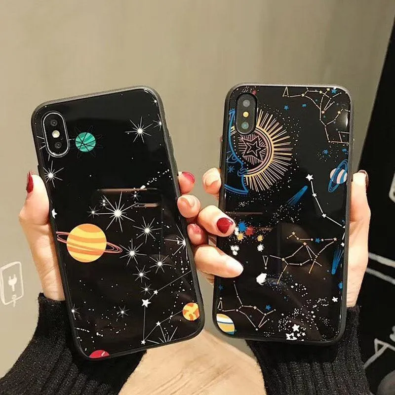 USLION Glossy Space Planet Stars Phone Case For iPhone X XR XS Max Glass Hard Back Cover For iPhone 8 7 6 6s Plus Cases Coque