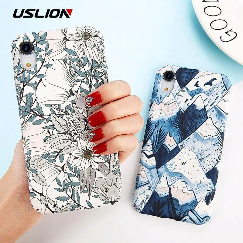 USLION Green Leaves Phone Case For iPhone XR XS Max X 8 Plus Flower Hard PC Full Back Cover Cases For iPhone 7 6 6s Plus Coque