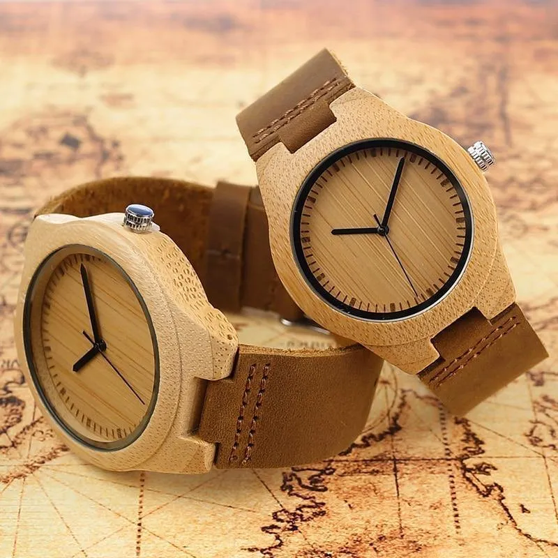Simplicity Lovers‘ Holzuhren, handgefertigte Bambus-Quarzuhr mit Lederarmband für Männer und Frauen als Geschenkartikel