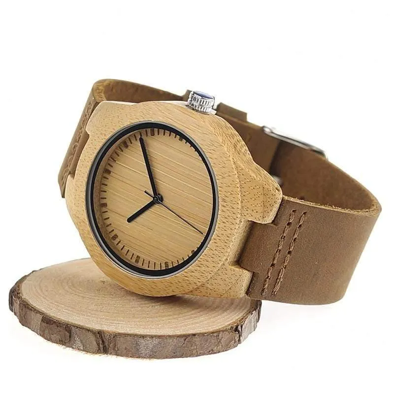 Simplicity Lovers‘ Holzuhren, handgefertigte Bambus-Quarzuhr mit Lederarmband für Männer und Frauen als Geschenkartikel