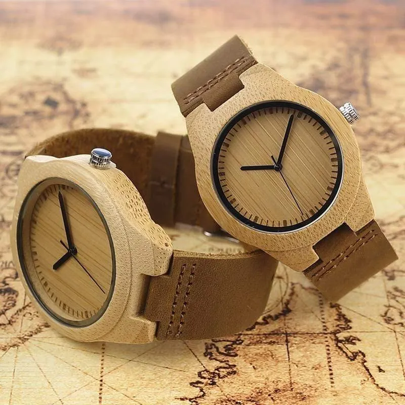 Simplicity Lovers‘ Holzuhren, handgefertigte Bambus-Quarzuhr mit Lederarmband für Männer und Frauen als Geschenkartikel
