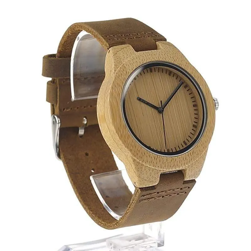 Simplicity Lovers‘ Holzuhren, handgefertigte Bambus-Quarzuhr mit Lederarmband für Männer und Frauen als Geschenkartikel