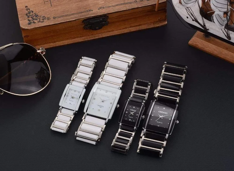 Modische Paaruhren für Damen und Herren, Armbanduhr für Liebhaber, einzigartig, Strass, Keramik, schwarz, lässig, Quarz, bestes Geschenk, 2 Stück