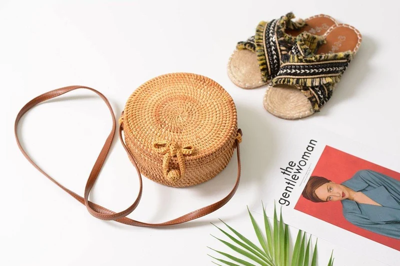 Handgewebte Tasche Runde Tasche Schnalle Rattan Stroh Taschen Satchel Wind Bohemia Beach Circle Bag