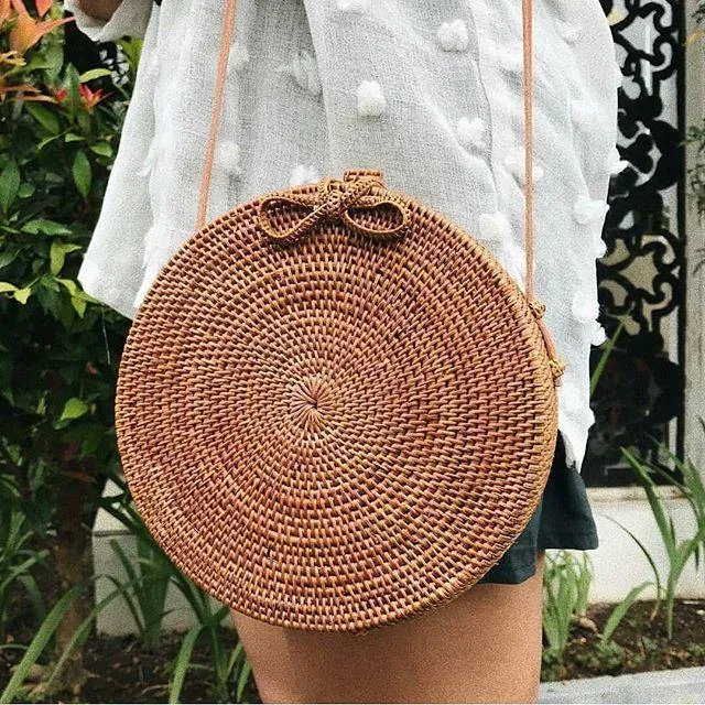 Handgewebte Tasche Runde Tasche Schnalle Rattan Stroh Taschen Satchel Wind Bohemia Beach Circle Bag