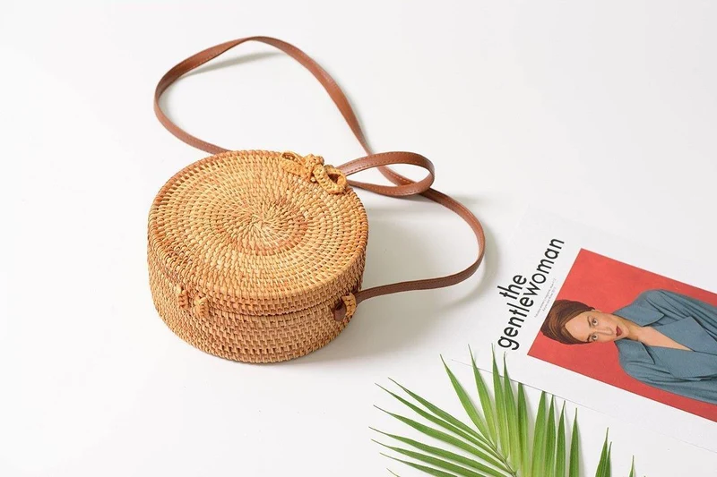 Handgewebte Tasche Runde Tasche Schnalle Rattan Stroh Taschen Satchel Wind Bohemia Beach Circle Bag