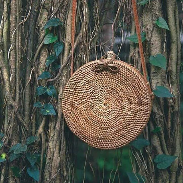 Handgewebte Tasche Runde Tasche Schnalle Rattan Stroh Taschen Satchel Wind Bohemia Beach Circle Bag