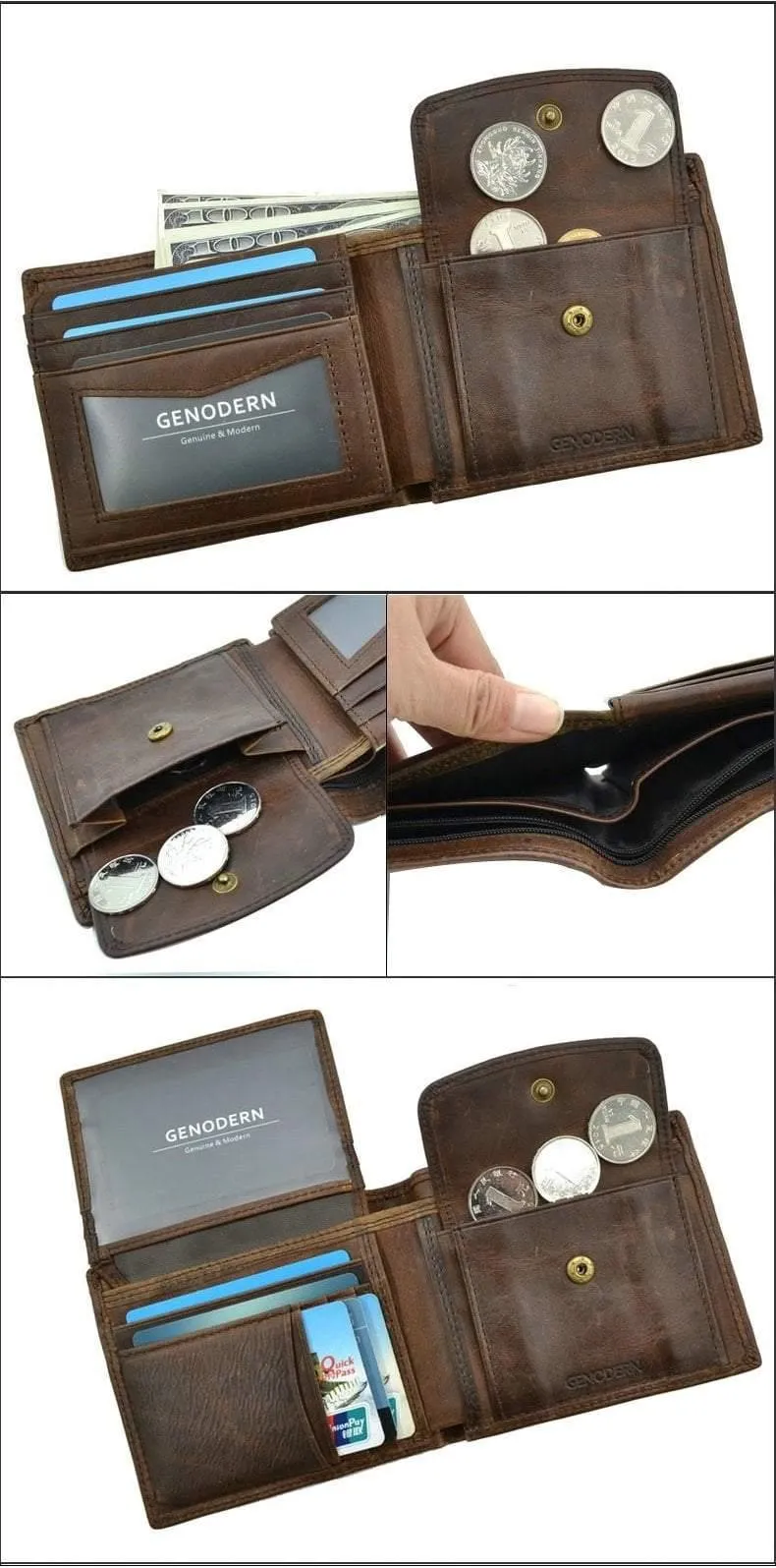 Herren-Geldbörse aus Rindsleder mit Münzfach, Vintage-Geldbörsenfunktion für Herren, braune Geldbörse aus echtem Leder mit Kartenhaltern