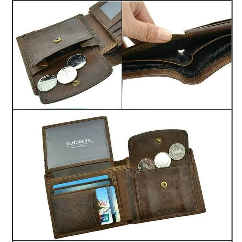 Herren-Geldbörse aus Rindsleder mit Münzfach, Vintage-Geldbörsenfunktion für Herren, braune Geldbörse aus echtem Leder mit Kartenhaltern