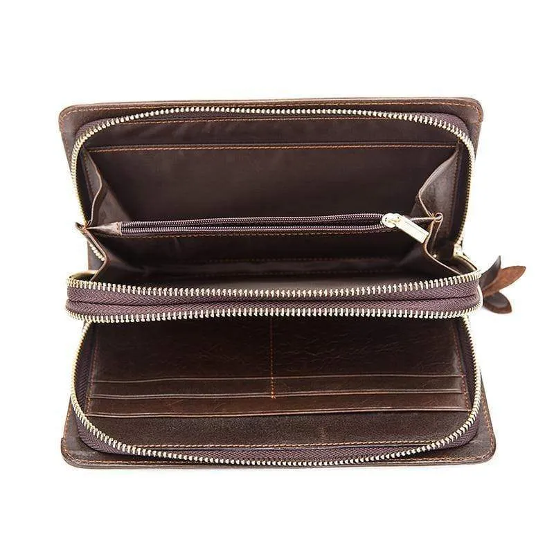 Herren Clutch Male Wallet Herren Echtleder Doppelreißverschluss Clutch Bags Geldbörse für Herren Passport Phone Wallets Kreditkarte