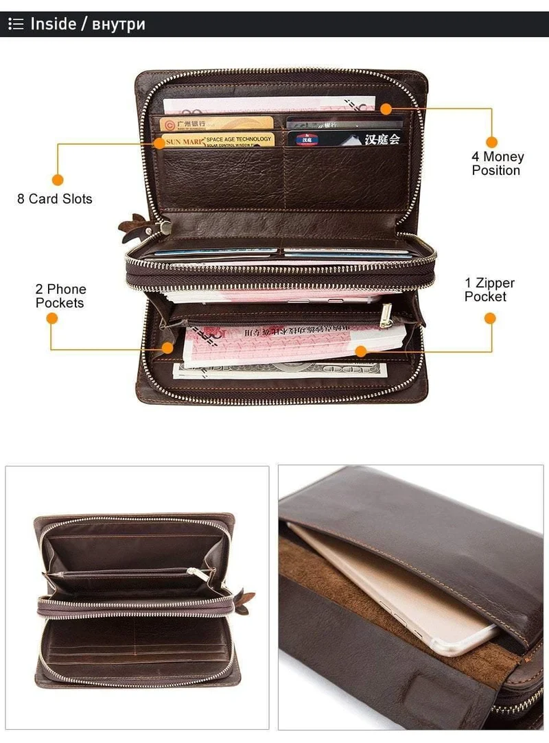 Herren Clutch Male Wallet Herren Echtleder Doppelreißverschluss Clutch Bags Geldbörse für Herren Passport Phone Wallets Kreditkarte