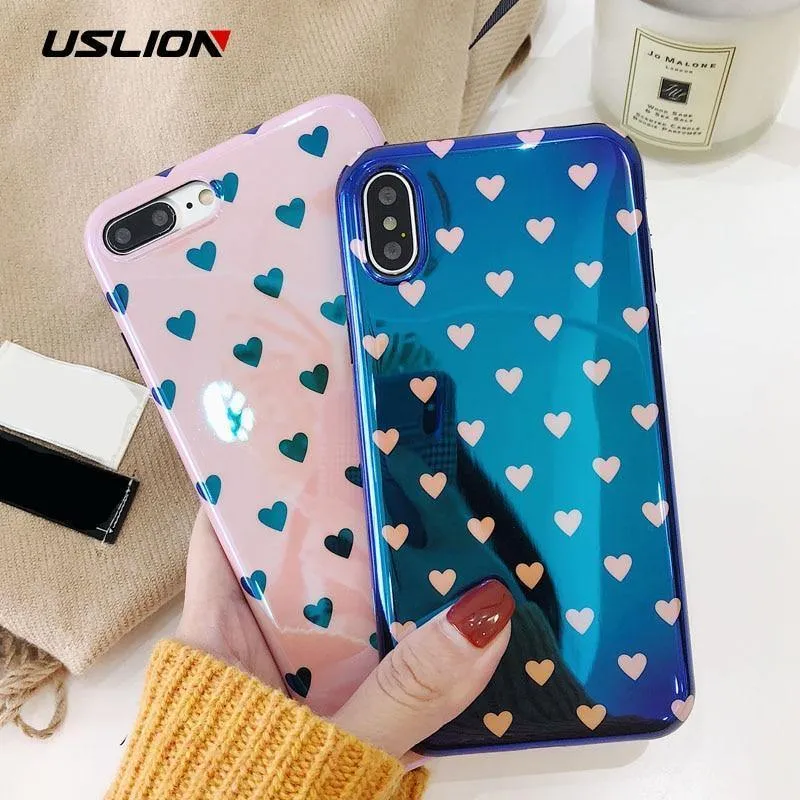USLION Blu-ray Laser Gradient Case For iPhone X 8 Love Heart Phone Cases For iPhone 6 6S 7 8 Plus Glossy Soft Silicon Back Cover