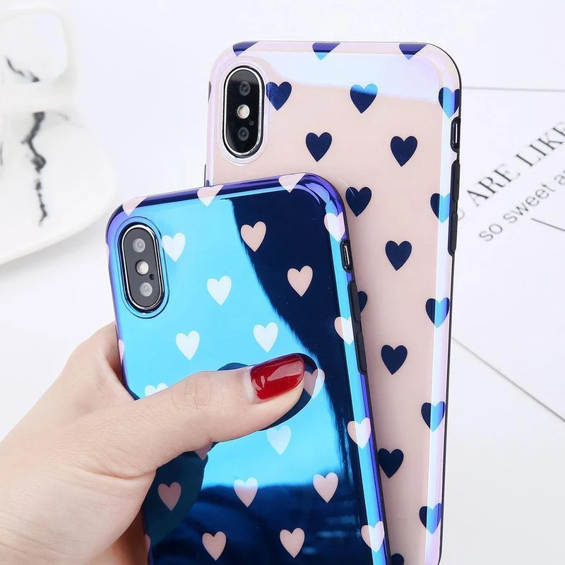 USLION Blu-ray Laser Gradient Case For iPhone X 8 Love Heart Phone Cases For iPhone 6 6S 7 8 Plus Glossy Soft Silicon Back Cover