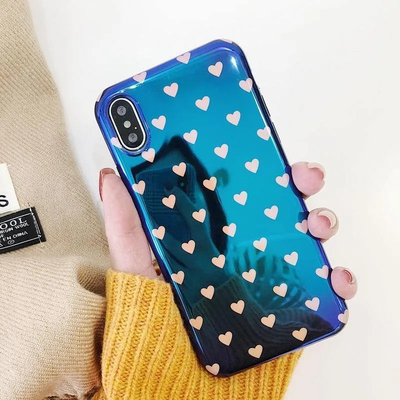 USLION Blu-ray Laser Gradient Case For iPhone X 8 Love Heart Phone Cases For iPhone 6 6S 7 8 Plus Glossy Soft Silicon Back Cover