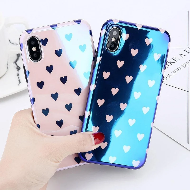 USLION Blu-ray Laser Gradient Case For iPhone X 8 Love Heart Phone Cases For iPhone 6 6S 7 8 Plus Glossy Soft Silicon Back Cover