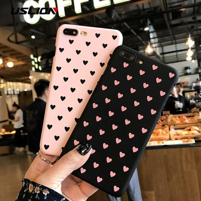 USLION Cute Couple Love Heart Case For iPhone 6 6s Plus Phone Case For iPhone X 8 7 6 Plus 5 5s SE Matte Hard PC Back Cover Case
