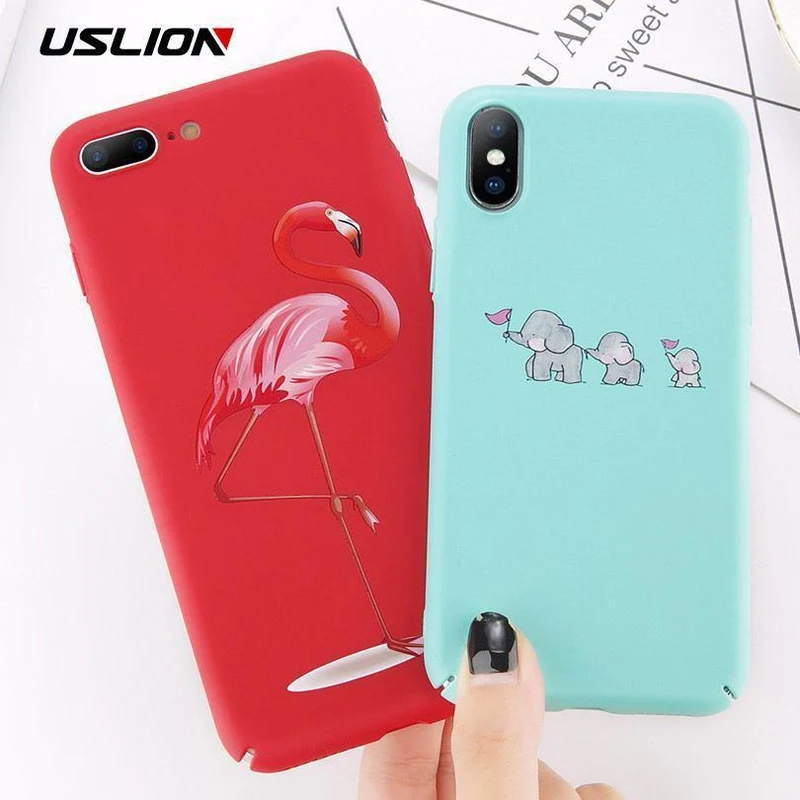 USLION Cartoon Flamingo Phone Case For iPhone 8 Plus Cute Elephant Pattern Cases For iPhone X 8 7 6 6S Plus Hard PC Back Cover