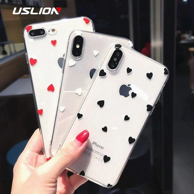 USLION Transparent Love Heart Silicon Case For iPhone 6 S 7 8 Plus XS Max Wave Point Soft TPU Phone Cases Cover For iPhone XR X