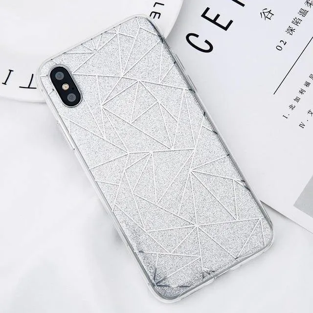 USLION Glitter Bling Powder Phone Case For iPhone X Geometric Lines Hard PC Back Cover Cases For iPhone 8 7 6 6s Plus 5 5s SE