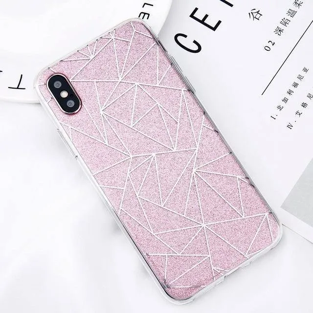 USLION Glitter Bling Powder Phone Case For iPhone X Geometric Lines Hard PC Back Cover Cases For iPhone 8 7 6 6s Plus 5 5s SE