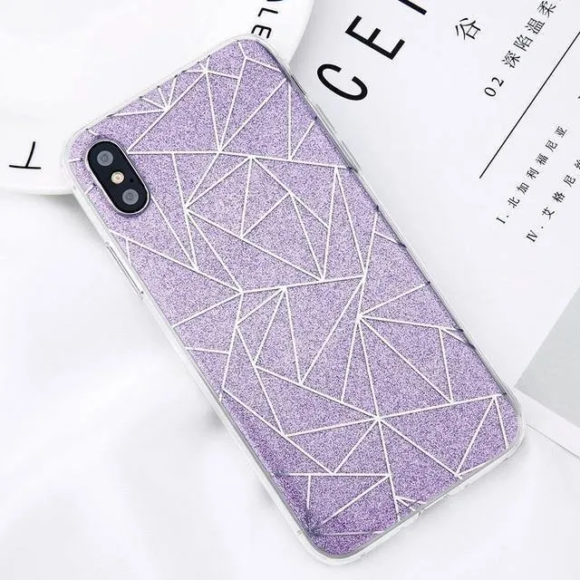 USLION Glitter Bling Powder Phone Case For iPhone X Geometric Lines Hard PC Back Cover Cases For iPhone 8 7 6 6s Plus 5 5s SE