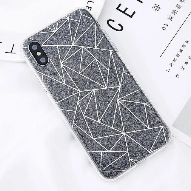 USLION Glitter Bling Powder Phone Case For iPhone X Geometric Lines Hard PC Back Cover Cases For iPhone 8 7 6 6s Plus 5 5s SE