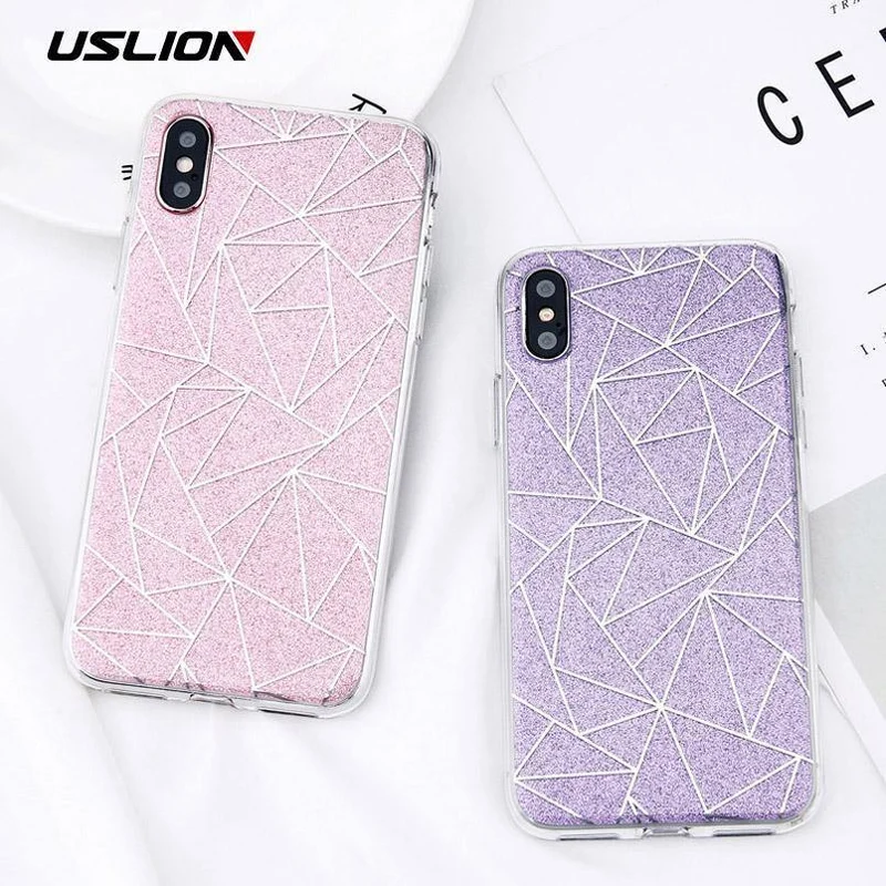 USLION Glitter Bling Powder Phone Case For iPhone X Geometric Lines Hard PC Back Cover Cases For iPhone 8 7 6 6s Plus 5 5s SE