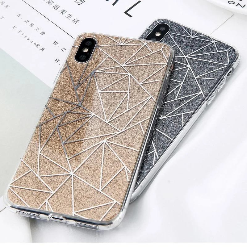 USLION Glitter Bling Powder Phone Case For iPhone X Geometric Lines Hard PC Back Cover Cases For iPhone 8 7 6 6s Plus 5 5s SE