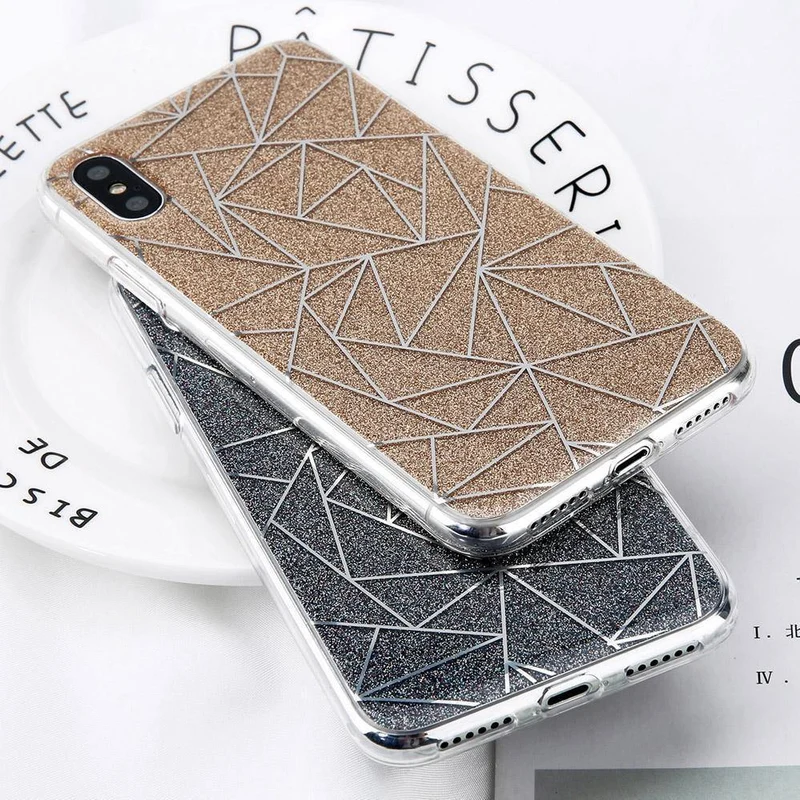 USLION Glitter Bling Powder Phone Case For iPhone X Geometric Lines Hard PC Back Cover Cases For iPhone 8 7 6 6s Plus 5 5s SE