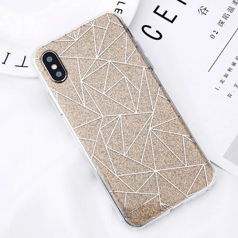 USLION Glitter Bling Powder Phone Case For iPhone X Geometric Lines Hard PC Back Cover Cases For iPhone 8 7 6 6s Plus 5 5s SE