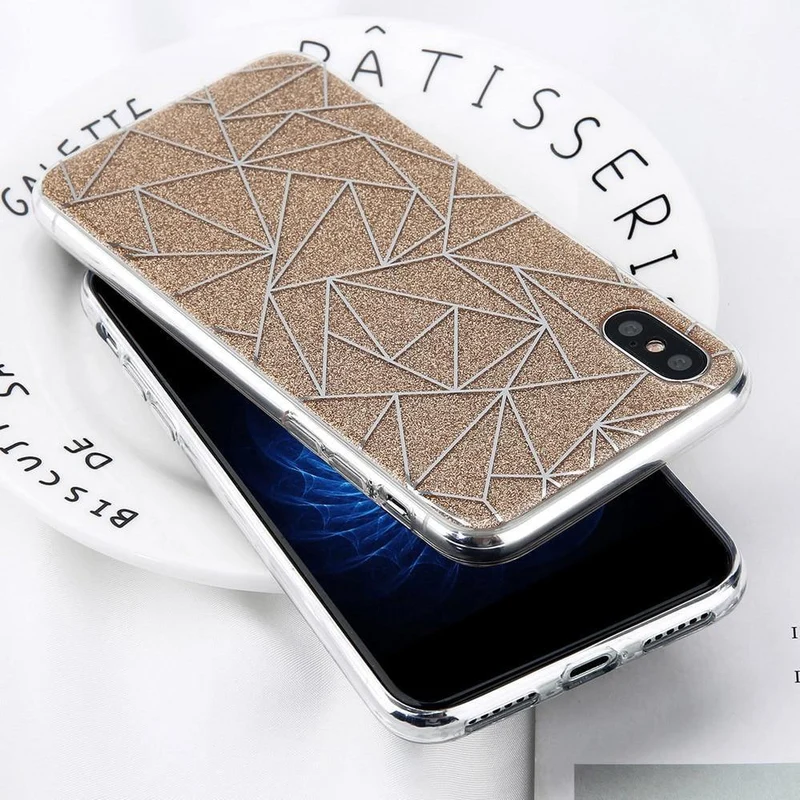 USLION Glitter Bling Powder Phone Case For iPhone X Geometric Lines Hard PC Back Cover Cases For iPhone 8 7 6 6s Plus 5 5s SE