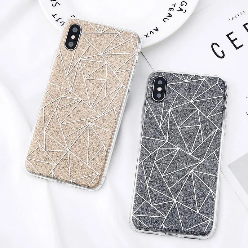 USLION Glitter Bling Powder Phone Case For iPhone X Geometric Lines Hard PC Back Cover Cases For iPhone 8 7 6 6s Plus 5 5s SE