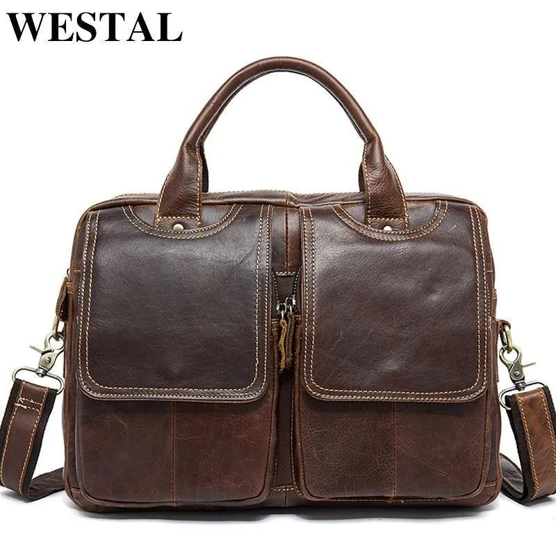 Bag Herren-Umhängetasche Echtes Leder Männertaschen Herren-Aktentasche Laptop 14 '' Tote Crossbody-Taschen für Herren 8002