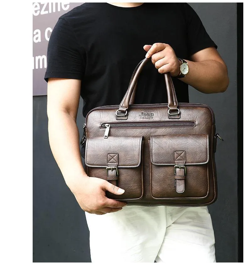 Neue Männer Split Lederhandtasche Reißverschluss Männer Business Polyester Zwei Schlamm Tasche Weichen Griff 14 Zoll Aktentaschen Taschen