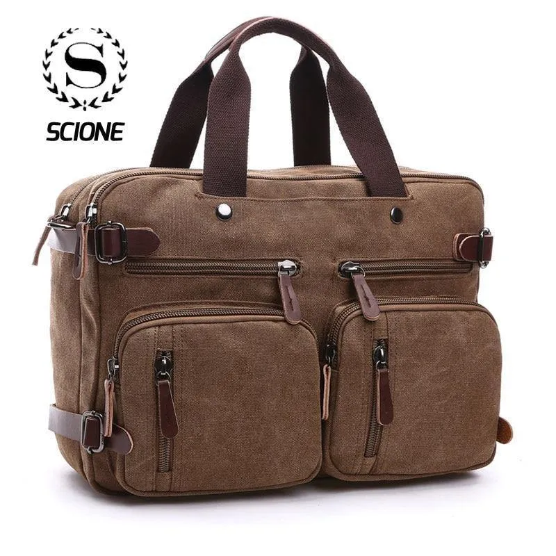 Scione Herren Canvas-Tasche, Leder, Aktentasche, Reisekoffer, Messenger-Schultertasche, Handtasche auf der Rückseite, große lässige Business-Laptoptasche
