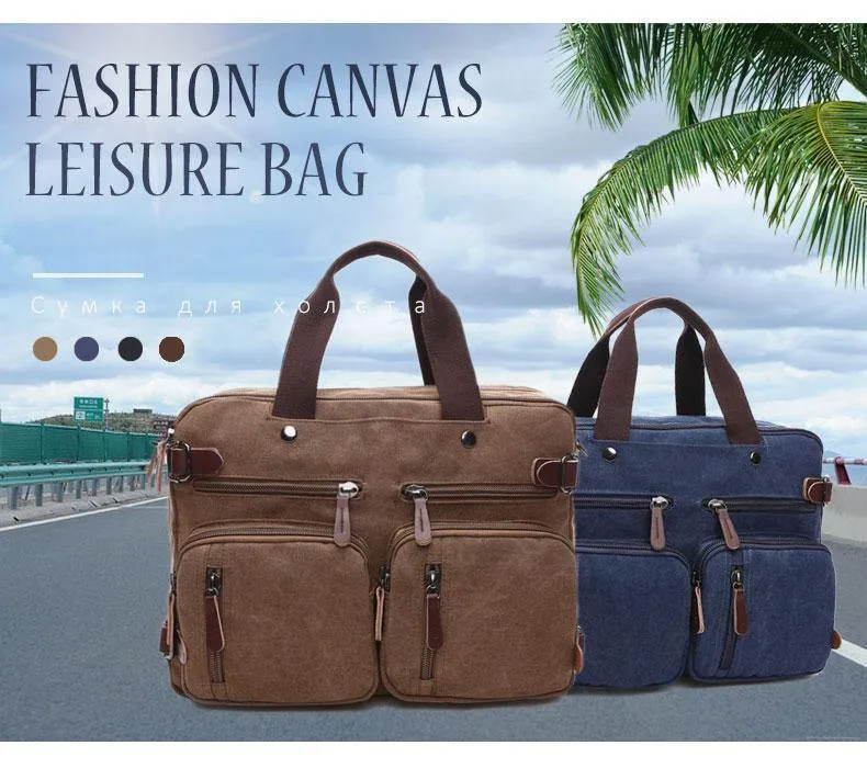 Scione Herren Canvas-Tasche, Leder, Aktentasche, Reisekoffer, Messenger-Schultertasche, Handtasche auf der Rückseite, große lässige Business-Laptoptasche