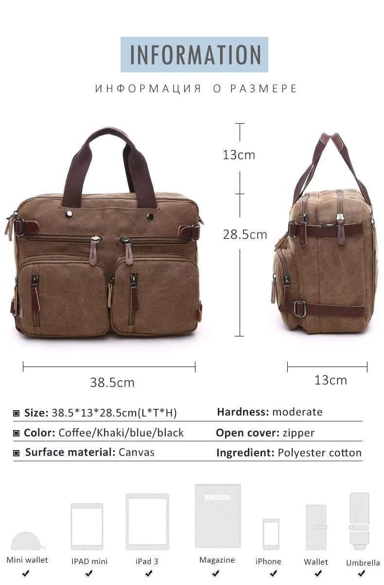 Scione Herren Canvas-Tasche, Leder, Aktentasche, Reisekoffer, Messenger-Schultertasche, Handtasche auf der Rückseite, große lässige Business-Laptoptasche