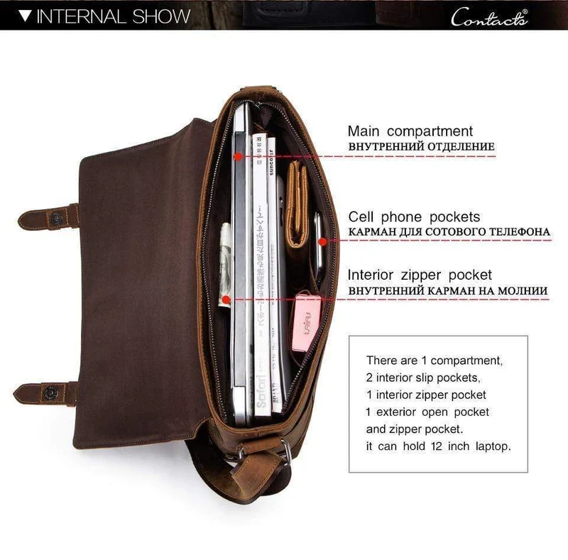 Leder Herrentasche Vintage Mann Umhängetaschen für Laptop Messenger Bags männlich Bolsa Crossbody Handtasche