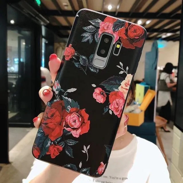 USLION Flower Phone Case For Samsung Galaxy S9 S8 Plus Matte Rose Floral Leaves Back Cover For Samsung Note 9 Soft TPU Cases