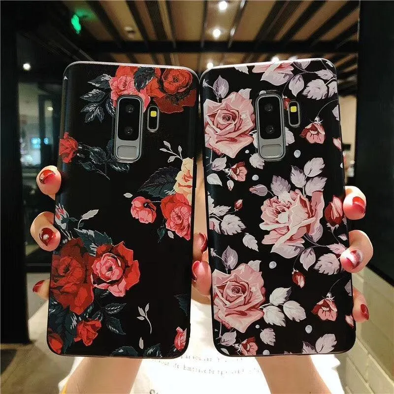 USLION Flower Phone Case For Samsung Galaxy S9 S8 Plus Matte Rose Floral Leaves Back Cover For Samsung Note 9 Soft TPU Cases