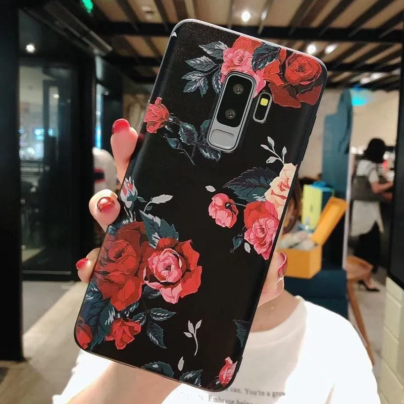 USLION Flower Phone Case For Samsung Galaxy S9 S8 Plus Matte Rose Floral Leaves Back Cover For Samsung Note 9 Soft TPU Cases