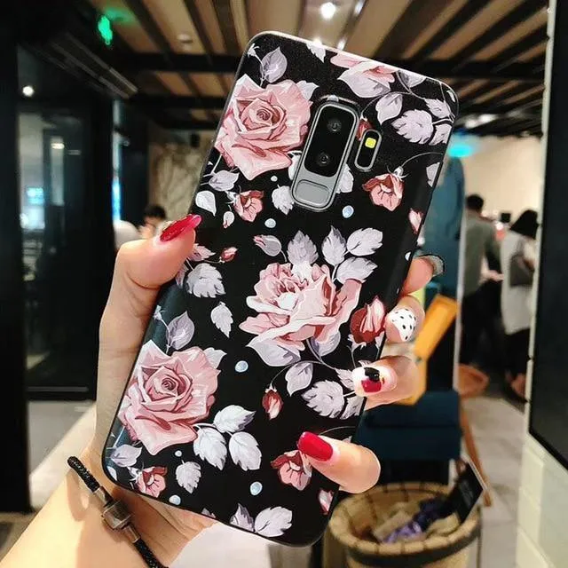 USLION Flower Phone Case For Samsung Galaxy S9 S8 Plus Matte Rose Floral Leaves Back Cover For Samsung Note 9 Soft TPU Cases