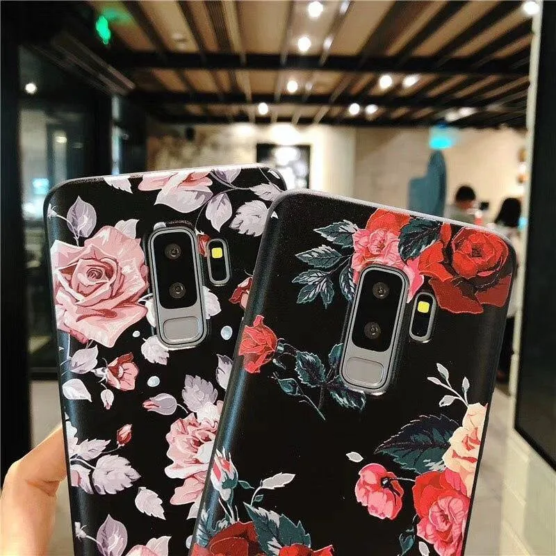USLION Flower Phone Case For Samsung Galaxy S9 S8 Plus Matte Rose Floral Leaves Back Cover For Samsung Note 9 Soft TPU Cases