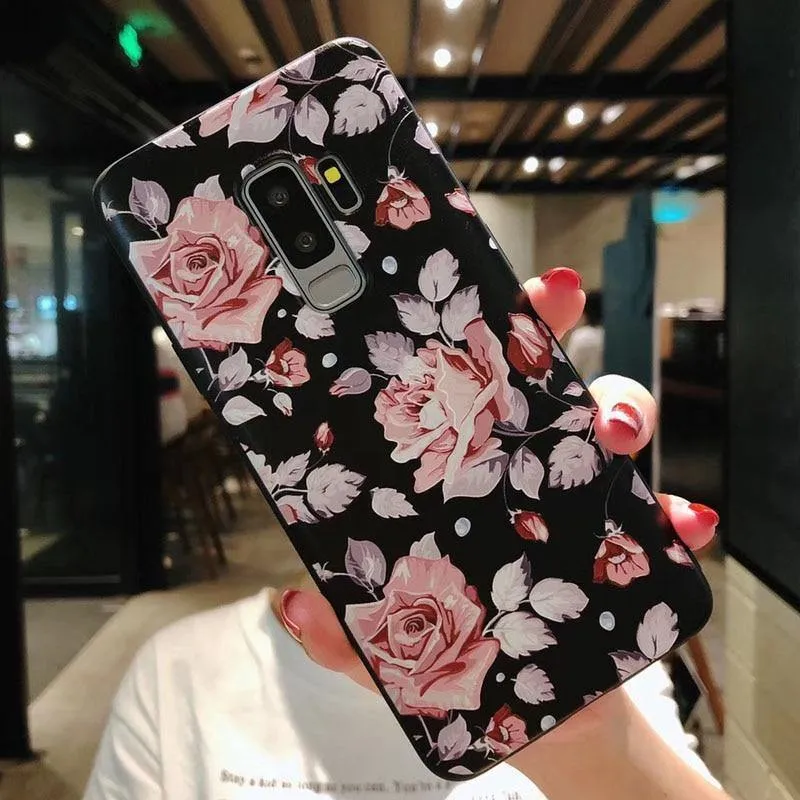 USLION Flower Phone Case For Samsung Galaxy S9 S8 Plus Matte Rose Floral Leaves Back Cover For Samsung Note 9 Soft TPU Cases