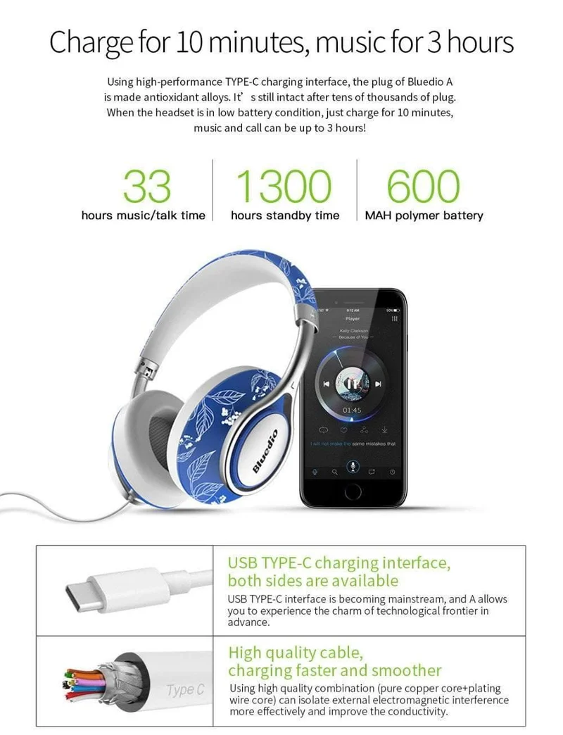 Bluedio A2 Bluetooth-Kopfhörer/Headset Modische kabellose Kopfhörer für Telefone und Musik