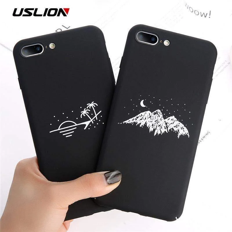 USLION Phone Case For iPhone X Matte Full Cover For iPhone 7 8 6 6s Plus Mountain Stars Moon Pattern Hard PC Back Cases Coque