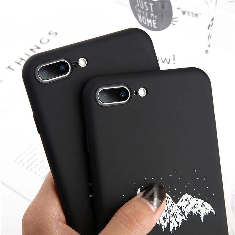 USLION Phone Case For iPhone X Matte Full Cover For iPhone 7 8 6 6s Plus Mountain Stars Moon Pattern Hard PC Back Cases Coque
